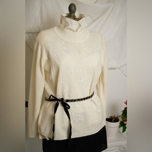 Vintage 90's Cream Knit Embellished Mock Neck Grandma Sweater, Alfred Dunner